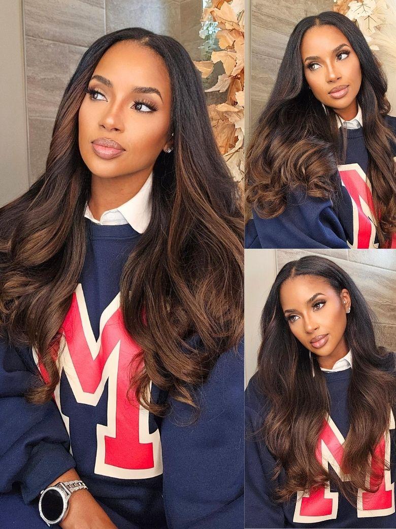7x5 Chestnut Brown Ombre Straight Put On and Go Wig Bye Bye Knots Glueless Human Hair Wigs with Invisi Drawstring